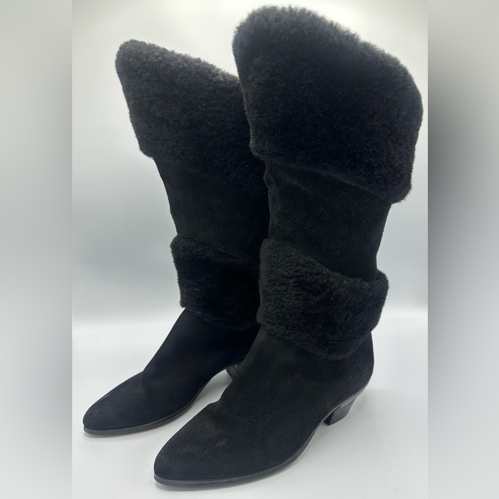 Vintage 70’s Suede /Faux Fur Boots Women Size 8B Black KU Long Life Sole